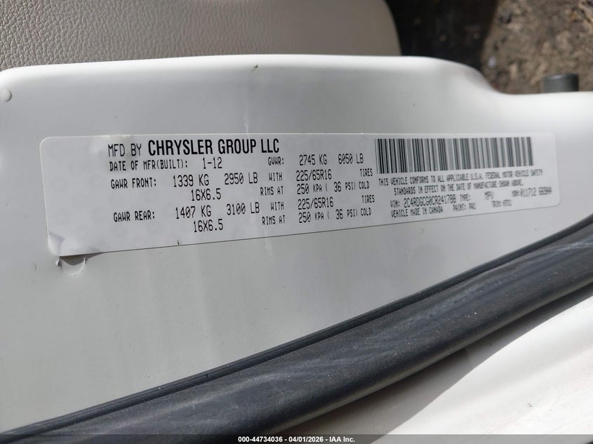 2012 Dodge Caravan 3.6 Grand Sxt white Lot 111044734036 Vin 2C4RDGCG0CR241788