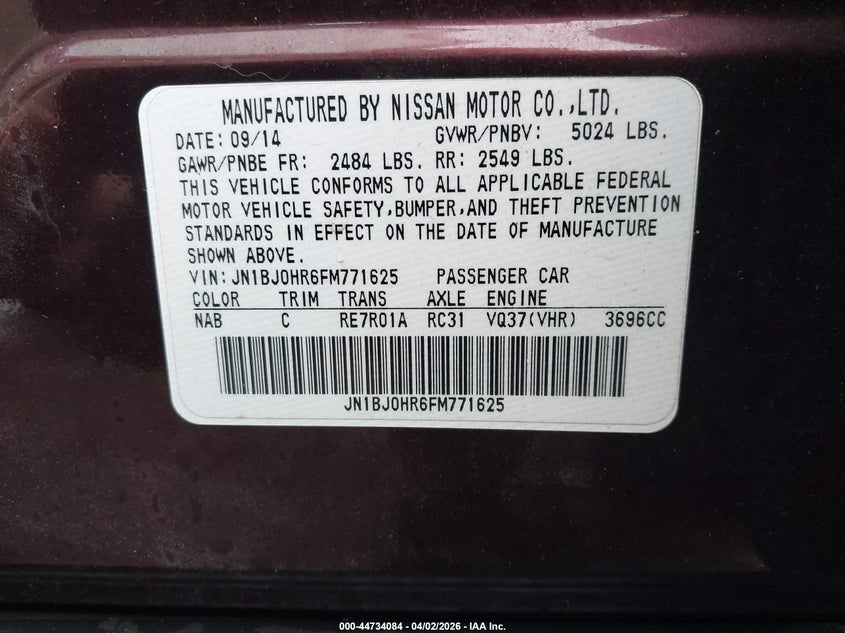 2015 Infiniti Qx50 Journey VIN: JN1BJ0HR6FM771625 Lot: 44734084