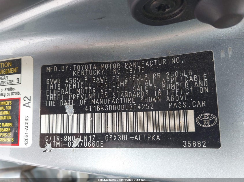 2011 Toyota Avalon Limited VIN: 4T1BK3DB0BU394252 Lot: 44734092