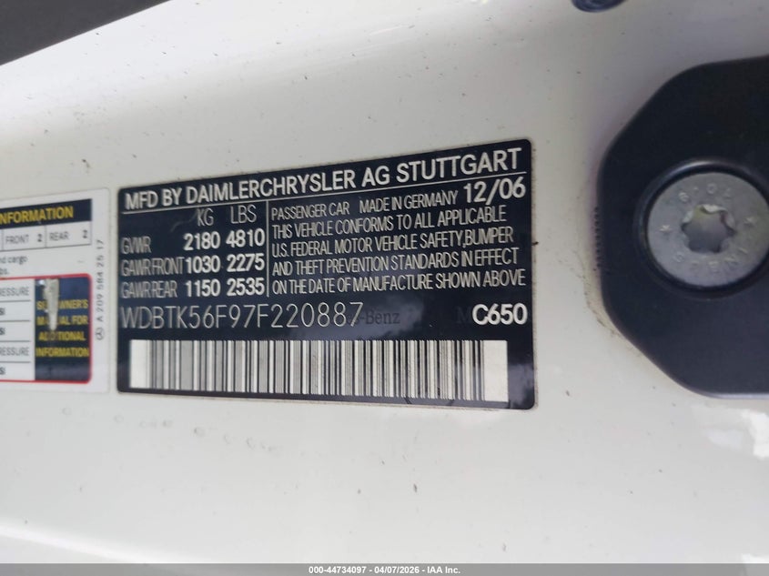 2007 Mercedes-Benz Clk 350 VIN: WDBTK56F97F220887 Lot: 44734097