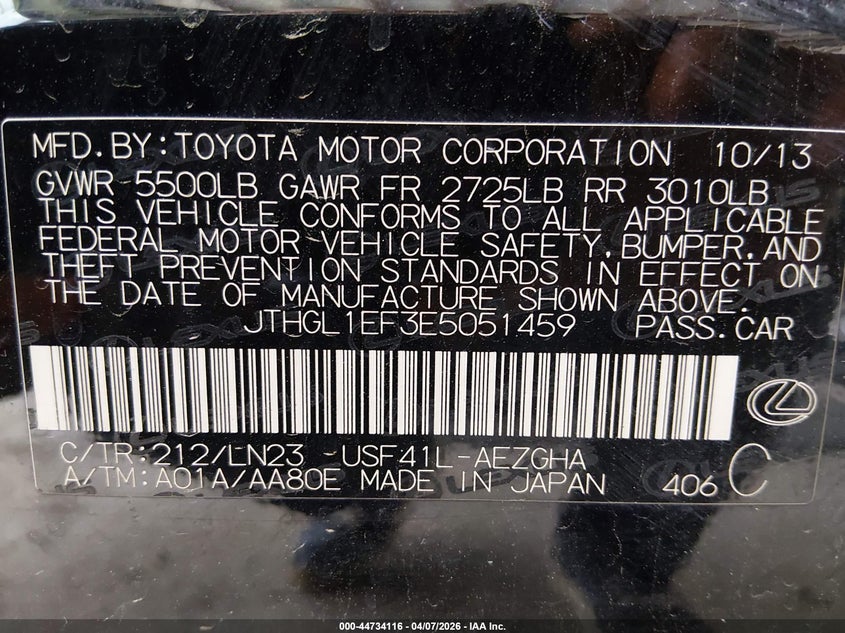 2014 Lexus Ls 460 L VIN: JTHGL1EF3E5051459 Lot: 44734116