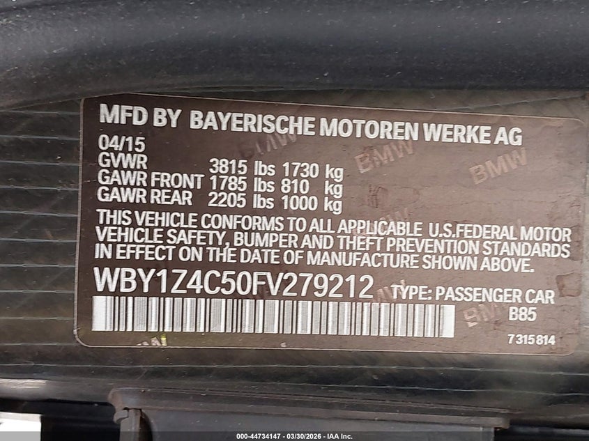 2015 BMW I3 Base W/Range Extender VIN: WBY1Z4C50FV279212 Lot: 44734147