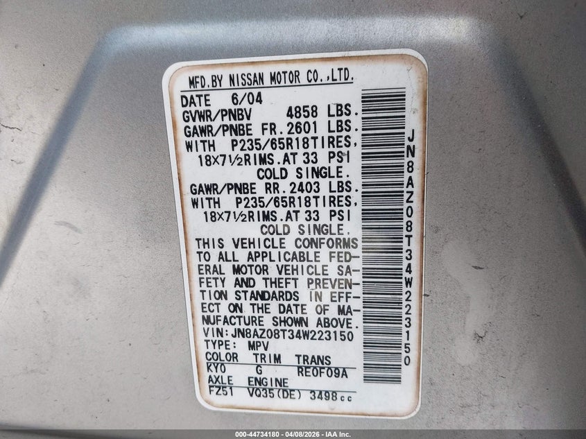 2004 Nissan Murano Sl VIN: JN8AZ08T34W223150 Lot: 44734180