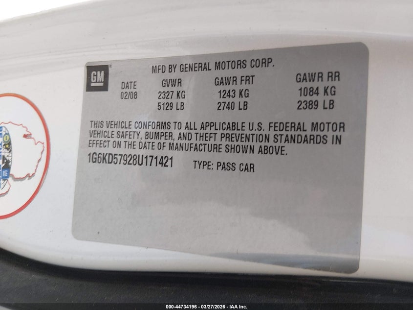 2008 Cadillac Dts 1Se VIN: 1G6KD57928U171421 Lot: 44734196