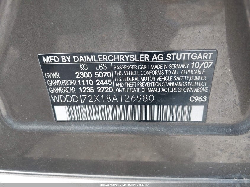 2008 Mercedes-Benz Cls 550 VIN: WDDDJ72X18A126980 Lot: 44734242