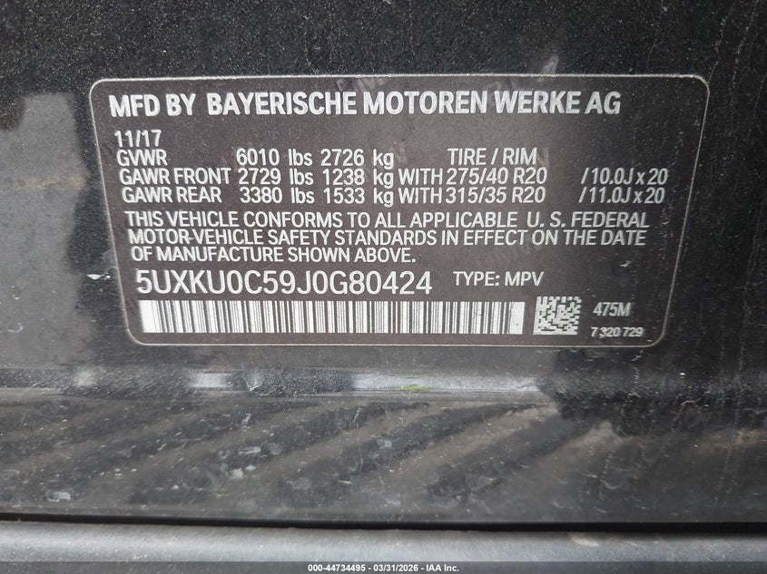 2018 BMW X6 Sdrive35I VIN: 5UXKU0C59J0G80424 Lot: 44734495