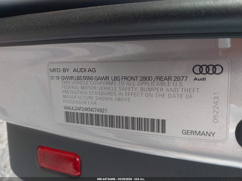 2019 Audi A6 55 Premium VIN: WAUL2AF24KN074921 Lot: 44734496