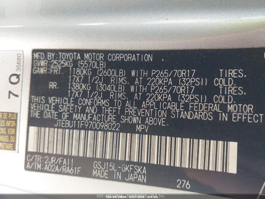 TOYOTA FJ CRUISER 2007 VIN JTEBU11F970098022