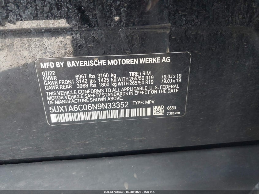 2022 BMW X5 Phev xDrive45E VIN: 5UXTA6C06N9N33352 Lot: 44734649
