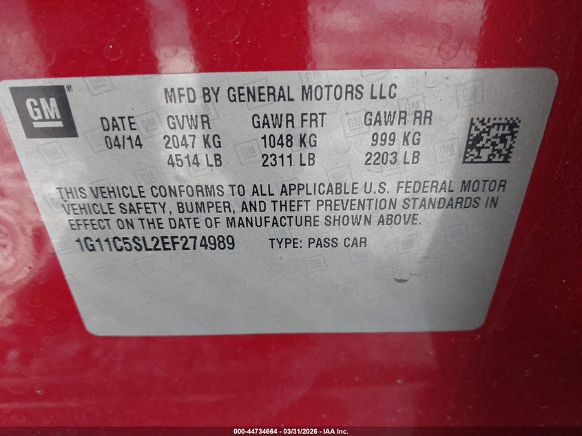2014 Chevrolet Malibu 1Lt VIN: 1G11C5SL2EF274989 Lot: 44734664