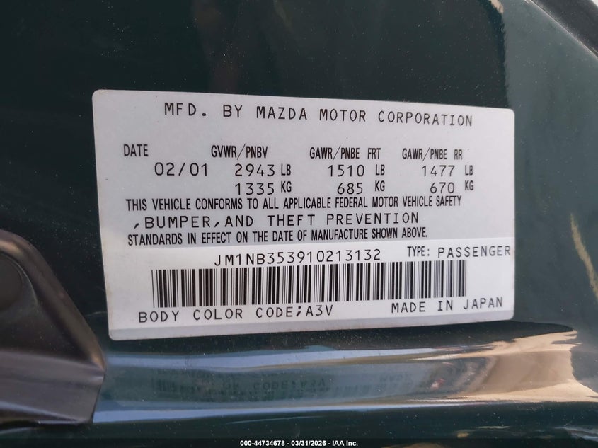 2001 Mazda Mx-5 Miata Ls/Special Edition VIN: JM1NB353910213132 Lot: 44734678