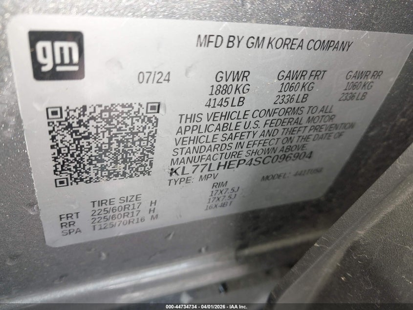 VIN KL77LHEP4SC096904 2025 CHEVROLET TRAX FWD LT