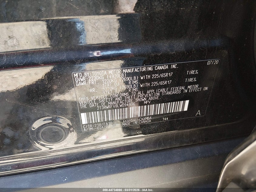 VIN 2T3RWRFV8LW094996 2020 TOYOTA RAV4 HYBRID XLE