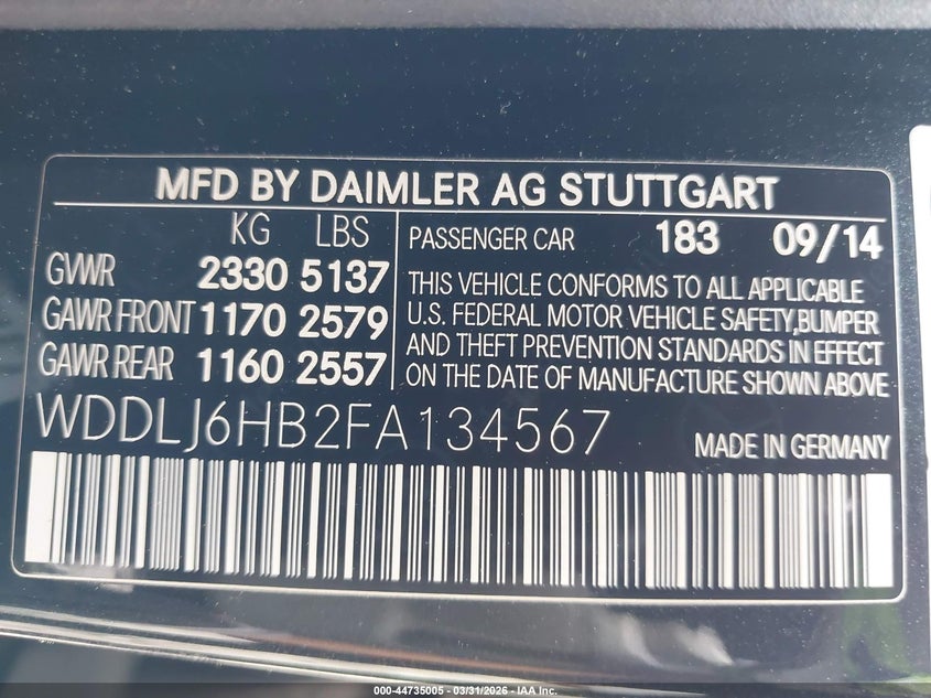 2015 Mercedes-Benz Cls 400 4Matic VIN: WDDLJ6HB2FA134567 Lot: 44735005