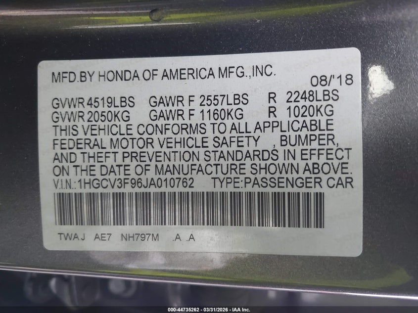 VIN 1HGCV3F96JA010762 2018 HONDA ACCORD HYBRID TOURING