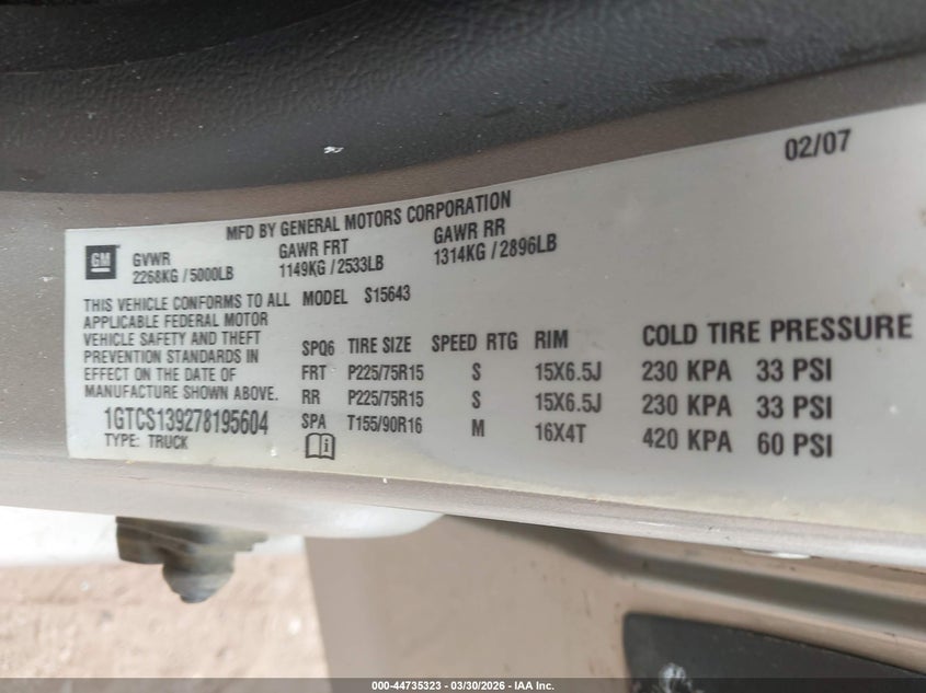 2007 GMC Canyon Sle1 VIN: 1GTCS139278195604 Lot: 44735323