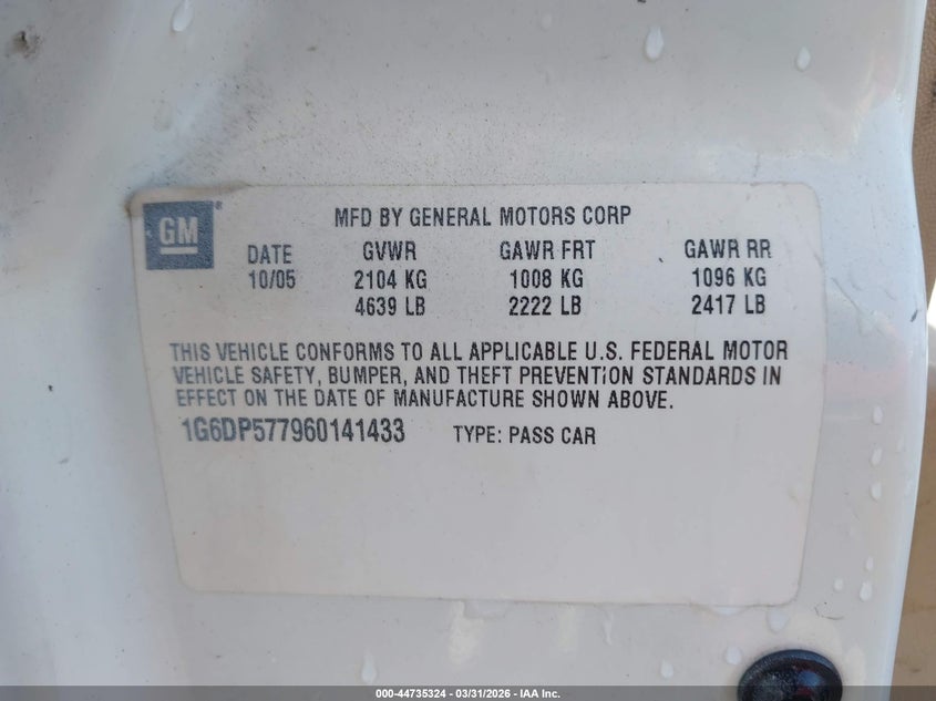 2006 Cadillac Cts Standard VIN: 1G6DP577960141433 Lot: 44735324