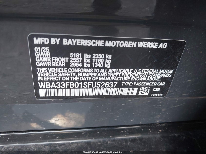VIN WBA33FB01SFU52637 2025 BMW 430I GRAN COUPE XDRIVE
