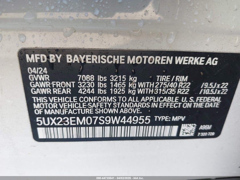 2025 BMW X7 xDrive40I VIN: 5UX23EM07S9W44955 Lot: 44735541