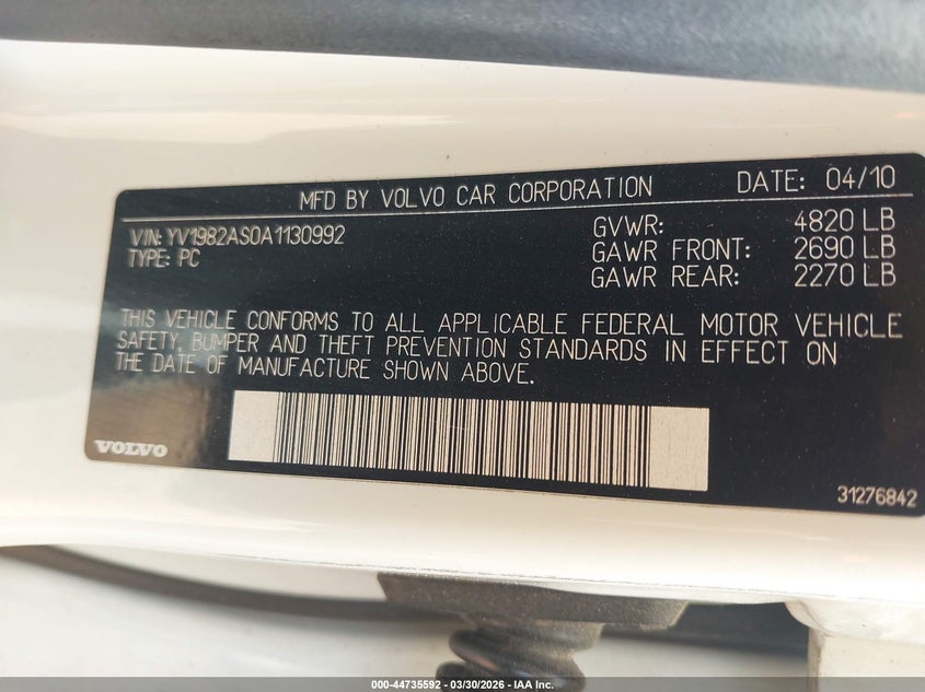 2010 Volvo S80 3.2 VIN: YV1982AS0A1130992 Lot: 44735592