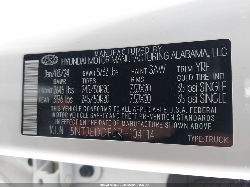 2024 Hyundai Santa Cruz Limited VIN: 5NTJEDDF0RH104114 Lot: 44735635