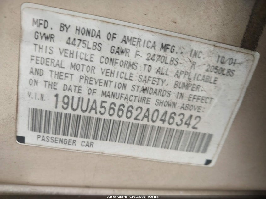 2002 Acura Tl 3.2 VIN: 19UUA56662A046342 Lot: 44735675
