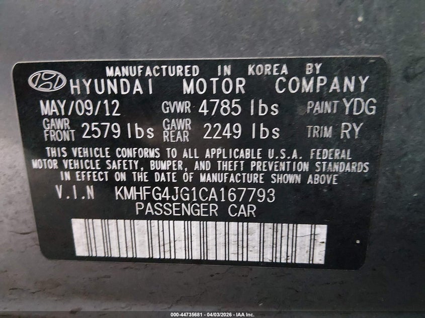 2012 Hyundai Azera VIN: KMHFG4JG1CA167793 Lot: 44735681