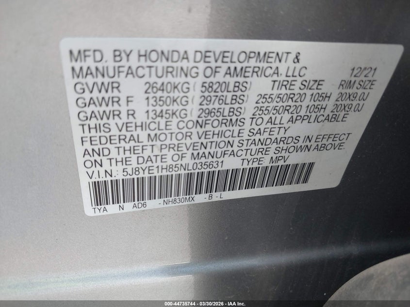 2022 Acura Mdx Advance Package VIN: 5J8YE1H85NL035631 Lot: 44735744