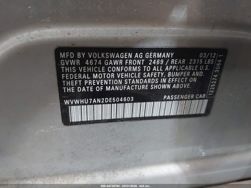 2013 Volkswagen Cc 3.6L Vr6 Lux VIN: WVWHU7AN2DE504603 Lot: 44735794