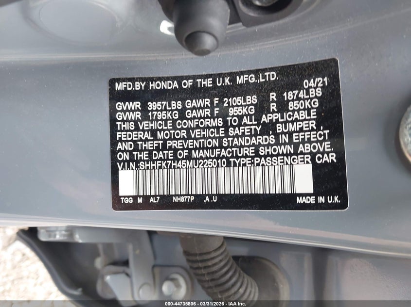 VIN SHHFK7H45MU225010 2021 HONDA CIVIC SPORT