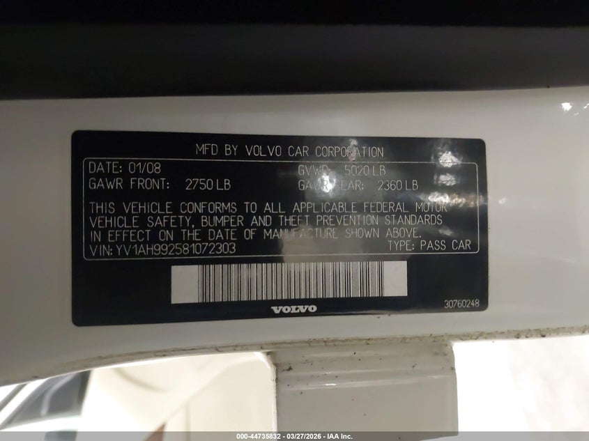 2008 Volvo S80 T6 VIN: YV1AH992581072303 Lot: 44735832