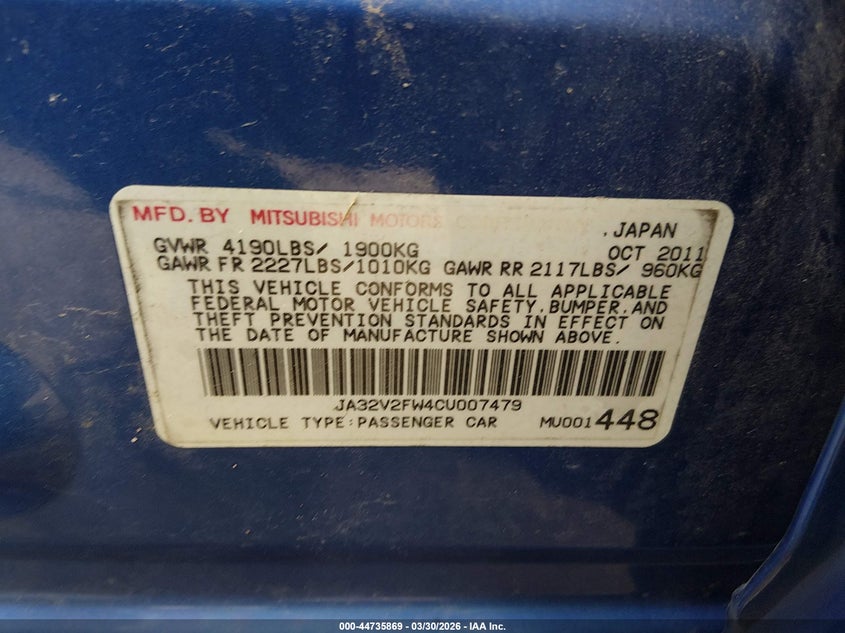 2012 Mitsubishi Lancer Se VIN: JA32V2FW4CU007479 Lot: 44735869