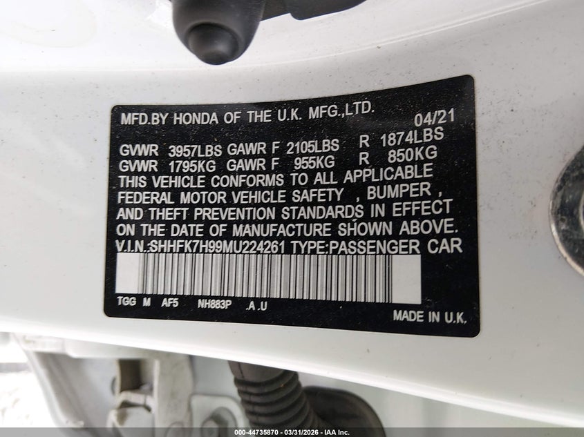 VIN SHHFK7H99MU224261 2021 HONDA CIVIC SPORT TOURING