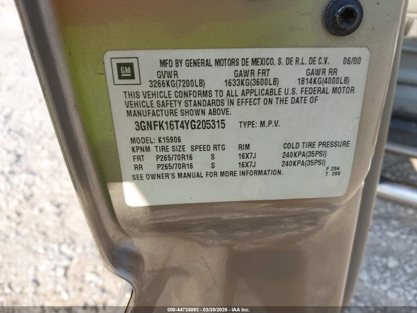 2000 Chevrolet Suburban 1500 Lt VIN: 3GNFK16T4YG205315 Lot: 44735893