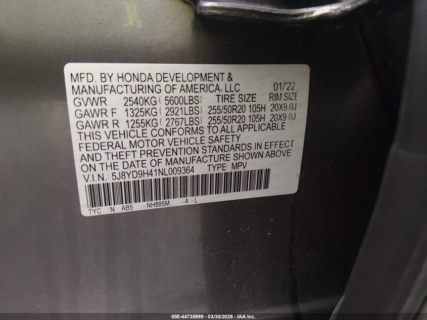 2022 Acura Mdx Technology Package VIN: 5J8YD9H41NL009364 Lot: 44735999
