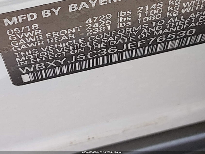 2018 BMW X2 xDrive28I VIN: WBXYJ5C36JEF76530 Lot: 44736004