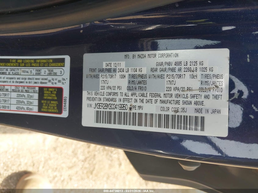 2012 Mazda Cx-7 I Sport VIN: JM3ER2BM3C0419950 Lot: 44736013