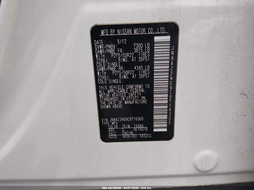 2012 Infiniti Qx56 VIN: JN8AZ2ND9C9716305 Lot: 44736098