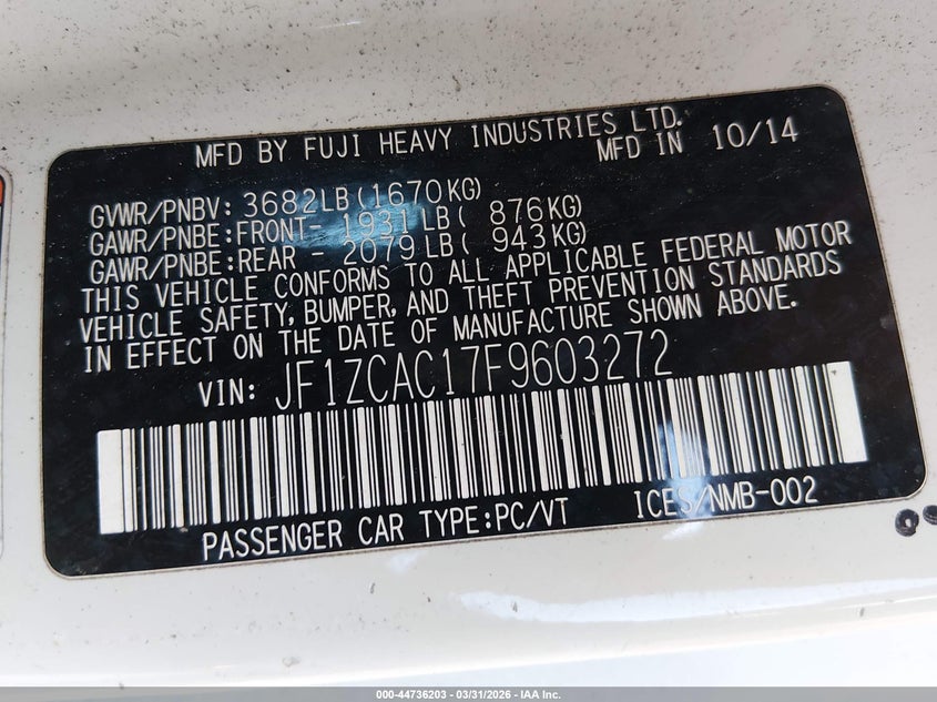 2015 Subaru Brz Limited VIN: JF1ZCAC17F9603272 Lot: 44736203