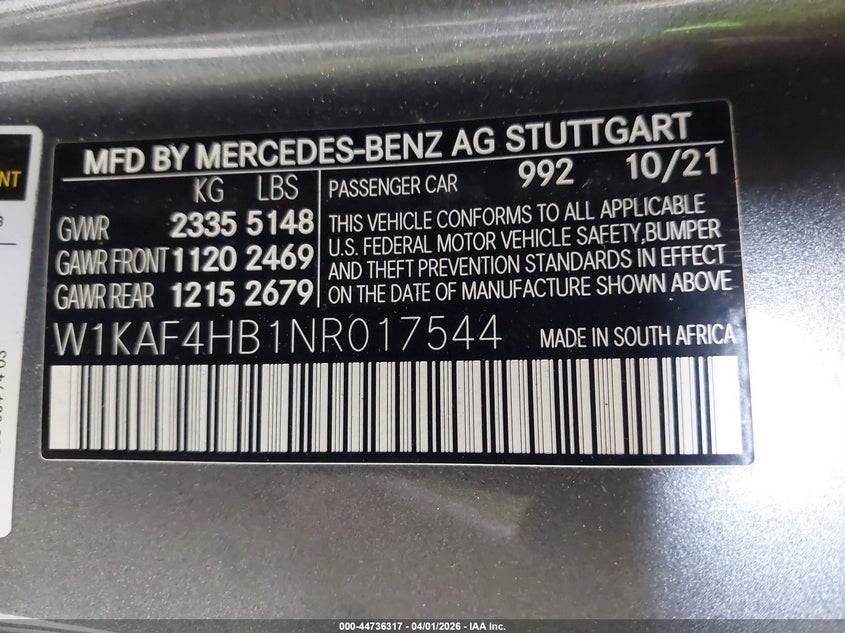 2022 Mercedes-Benz C 300 4Matic VIN: W1KAF4HB1NR017544 Lot: 44736317