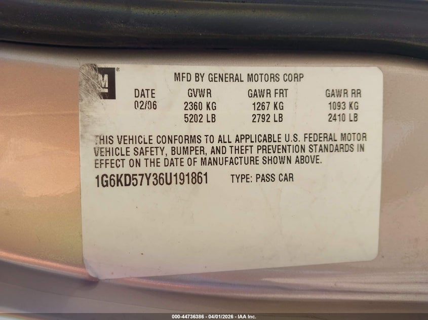 2006 Cadillac Dts Standard VIN: 1G6KD57Y36U191861 Lot: 44736386