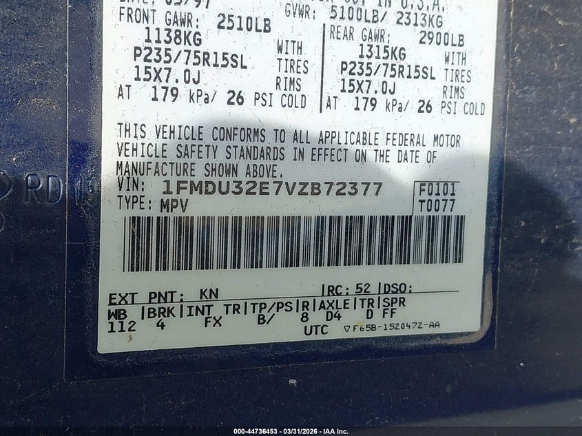 1997 Ford Explorer Eddie Bauer/Limited/Xl/Xlt VIN: 1FMDU32E7VZB72377 Lot: 44736453