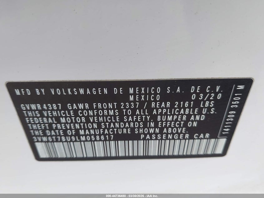 2020 Volkswagen Jetta Gli 2.0T Autobahn/2.0T S VIN: 3VW6T7BU9LM058617 Lot: 44736480