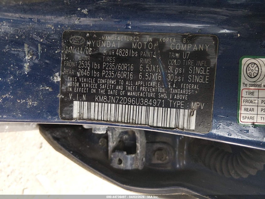 2006 Hyundai Tucson Gls/Limited VIN: KM8JN72D96U384971 Lot: 44736497