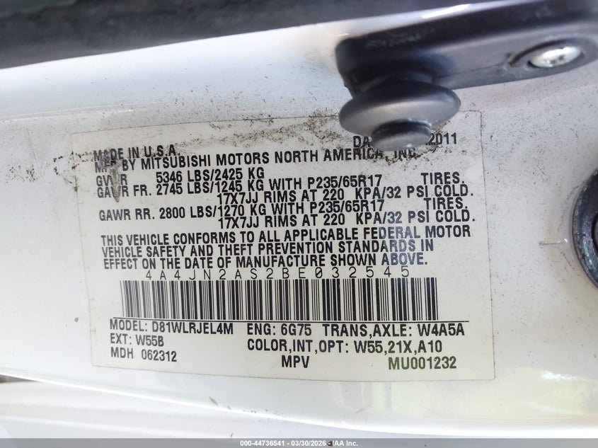 2011 Mitsubishi Endeavor VIN: 4A4JN2AS2BE032545 Lot: 44736541