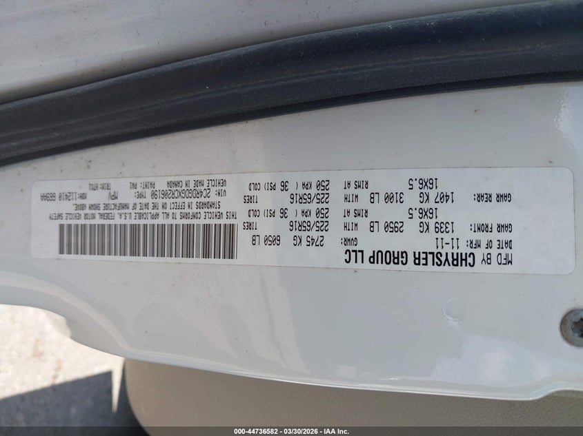 2012 Dodge Caravan 3.6 Grand Crew white Lot 111044736582 Vin 2C4RDGDGXCR206190