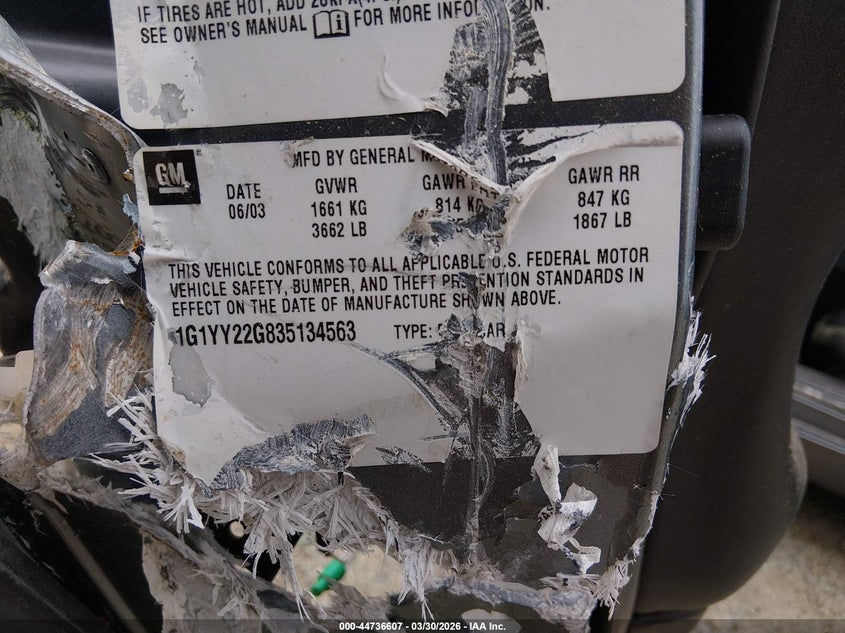 2003 Chevrolet Corvette VIN: 1G1YY22G835134563 Lot: 44736607