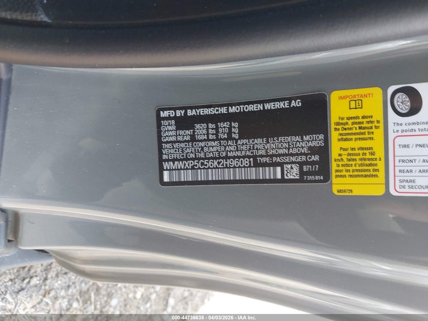 2019 Mini Hardtop Cooper VIN: WMWXP5C56K2H96081 Lot: 44736638