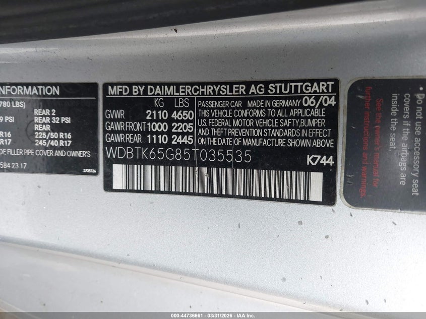 2005 Mercedes-Benz Clk 320 VIN: WDBTK65G85T035535 Lot: 44736661