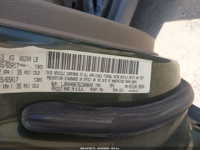 2006 Jeep Commander VIN: 1J8HH48K76C309649 Lot: 44736773